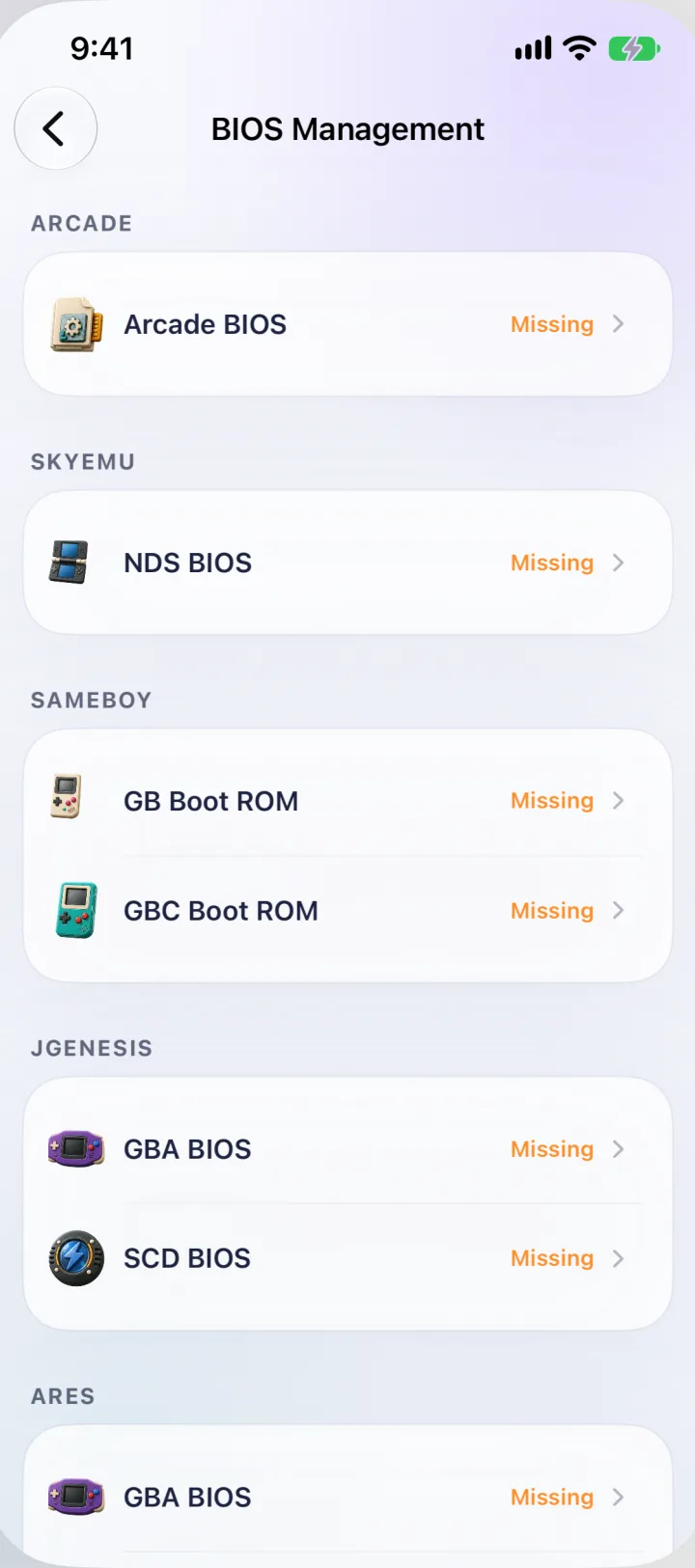 BIOS 管理页,按核心分组,每项显示缺失