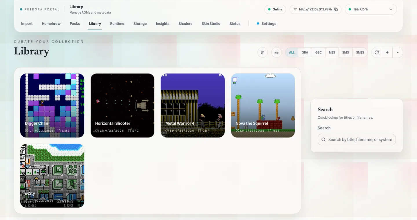 在桌面浏览器中打开的 Retropa Portal 游戏库